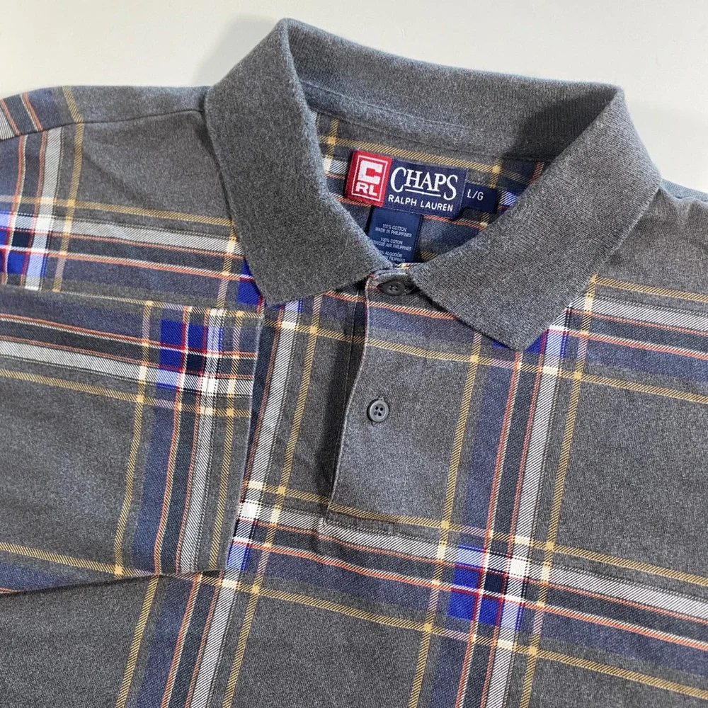 Chaps Ralph Lauren Mens Gray Plaid Long Sleeve Polo Shirt Cotton Size Large B205